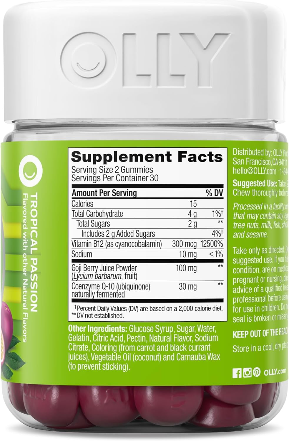 Daily Energy Gummy, Caffeine Free, Vitamin B12, Coq10, Goji Berry, Adult Chewable Supplement, Tropical Flavor - 60 Count