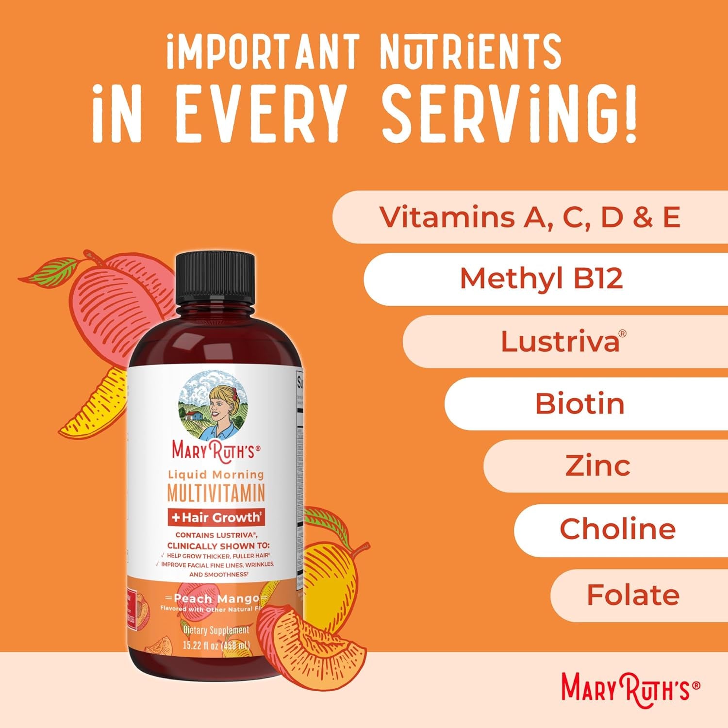 Liquid Multivitamin + Hair Growth | Biotin 10000Mcg | Lustriva Hair Growth Supplement | Clinically Tested in Women for Thicker Hair & Facial Wrinkle | Skin Care | 18+ | 15.22 Fl Oz