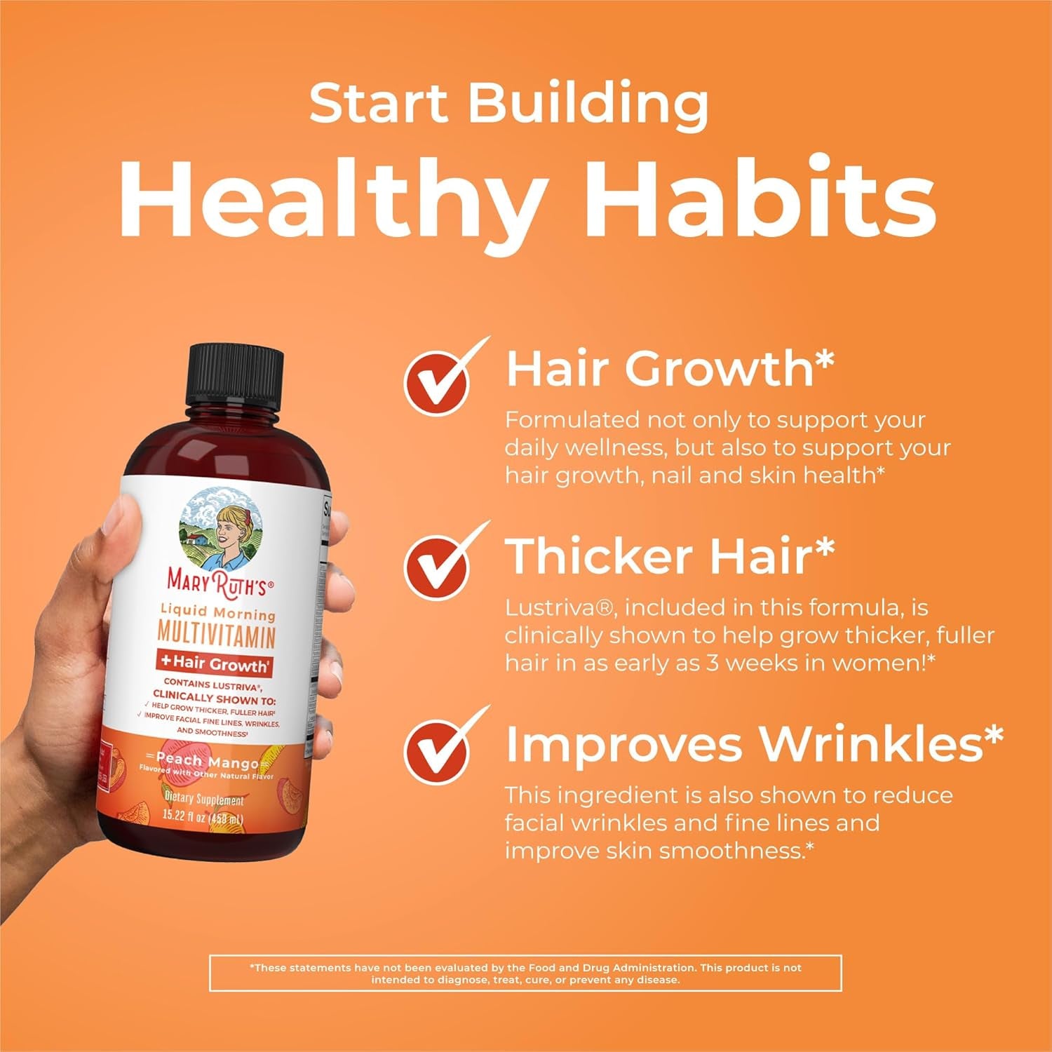 Liquid Multivitamin + Hair Growth | Biotin 10000Mcg | Lustriva Hair Growth Supplement | Clinically Tested in Women for Thicker Hair & Facial Wrinkle | Skin Care | 18+ | 15.22 Fl Oz