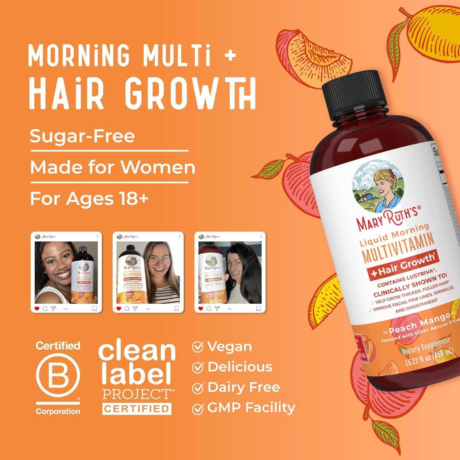 Liquid Multivitamin + Hair Growth | Biotin 10000Mcg | Lustriva Hair Growth Supplement | Clinically Tested in Women for Thicker Hair & Facial Wrinkle | Skin Care | 18+ | 15.22 Fl Oz